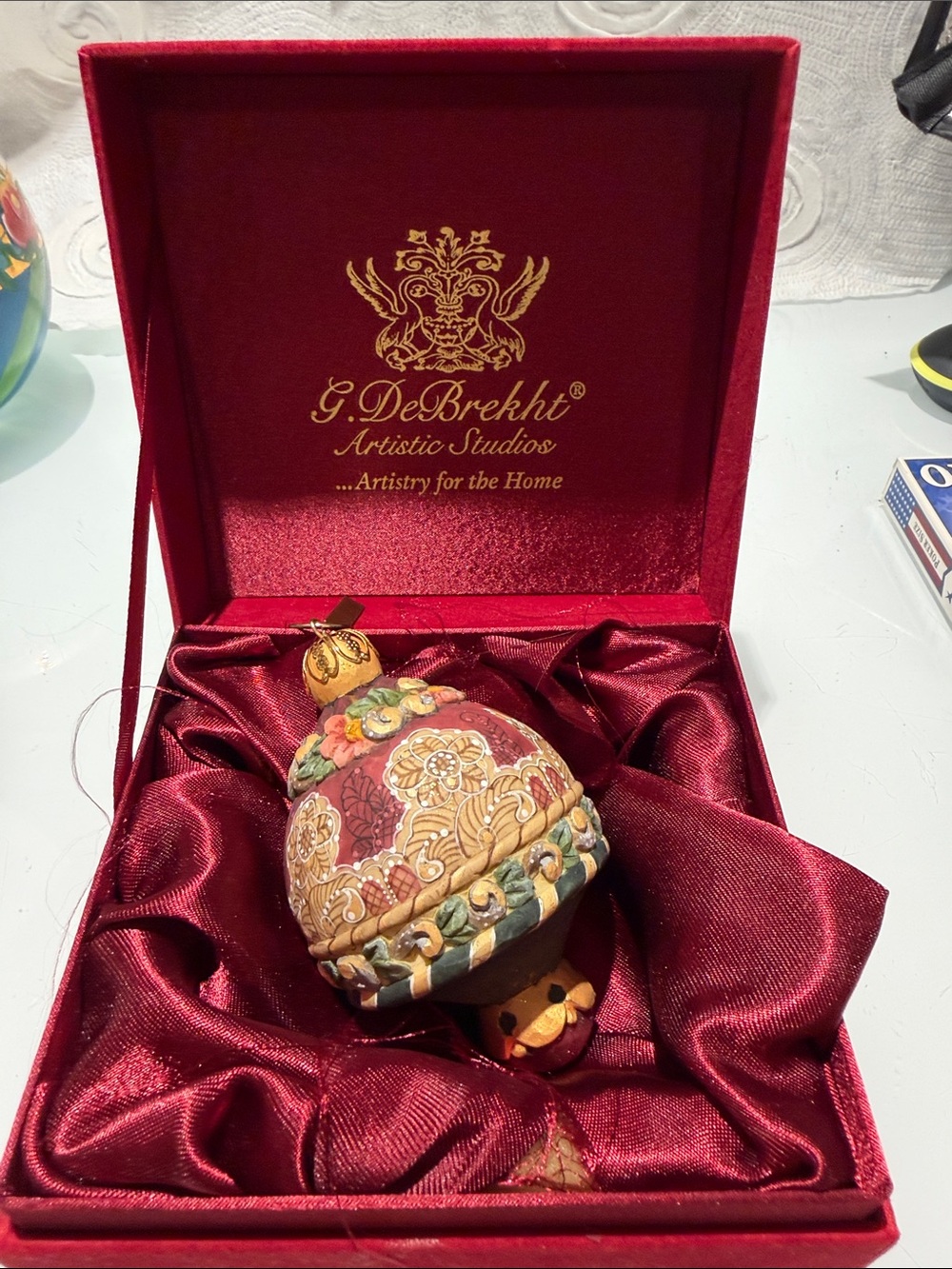 G. DeBrekht Red, Gold & Green Hand-Painted Holiday Ornament wooden 2”x 5” nib